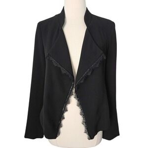 Anthropologie Elevenses‎ Black Lace Trim High-Low Open-Front Cropped Jacket- M